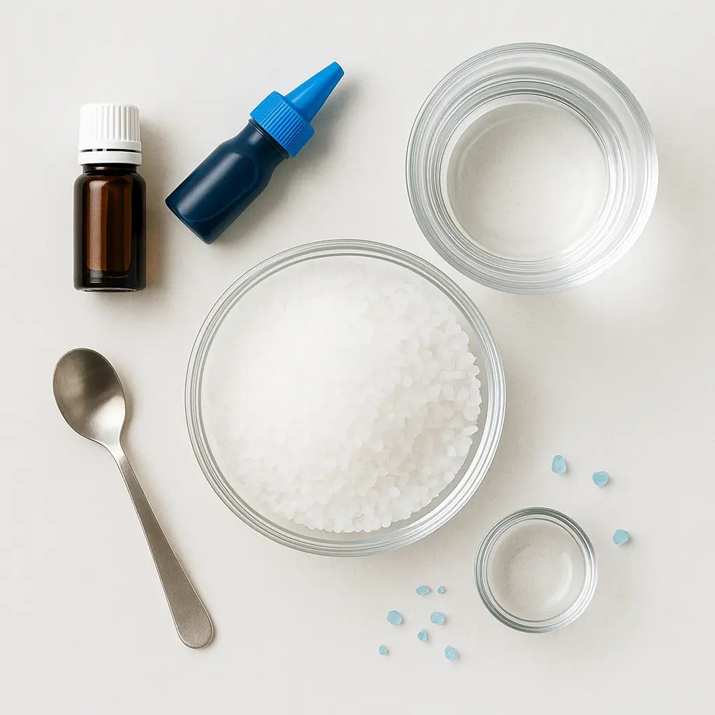 Ingredients arranged neatly for preparing the blue salt trick recipe.