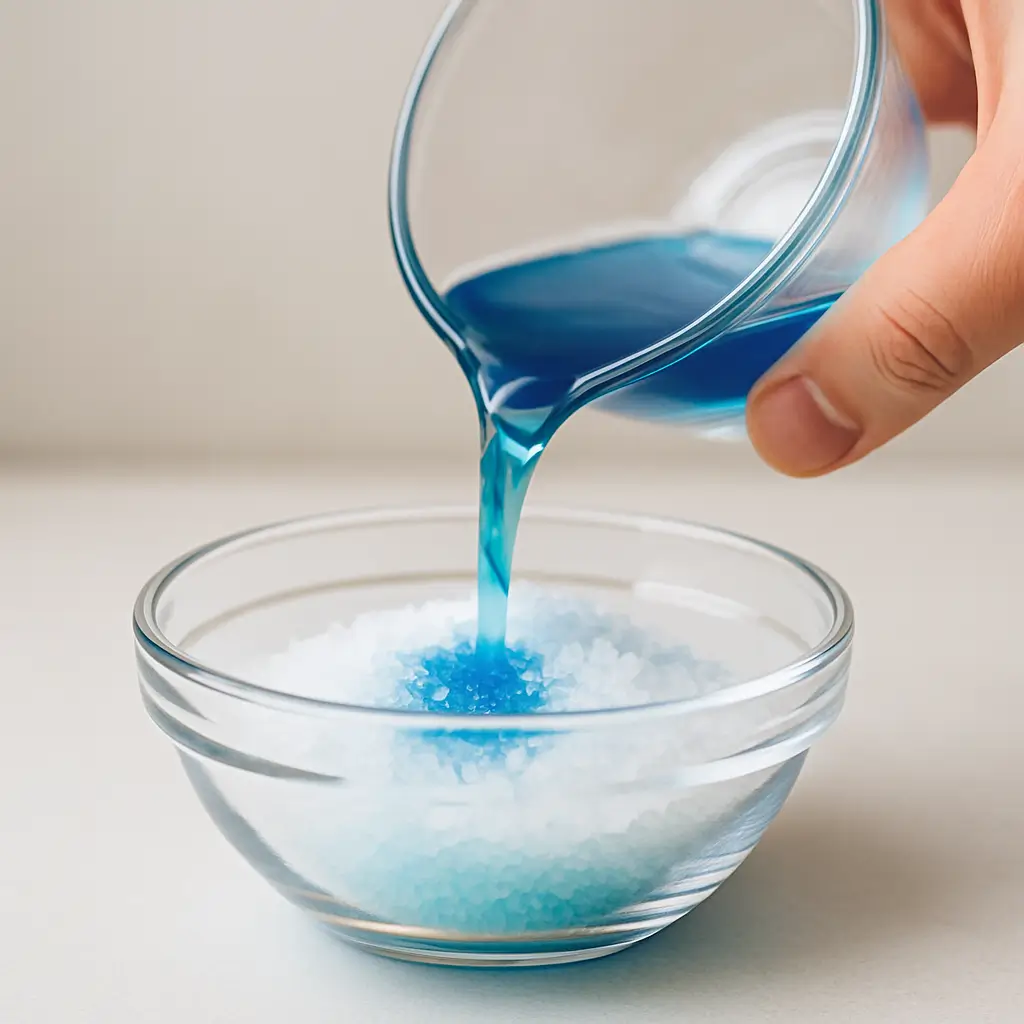 Pouring blue-colored water into salt during the recipe preparation.