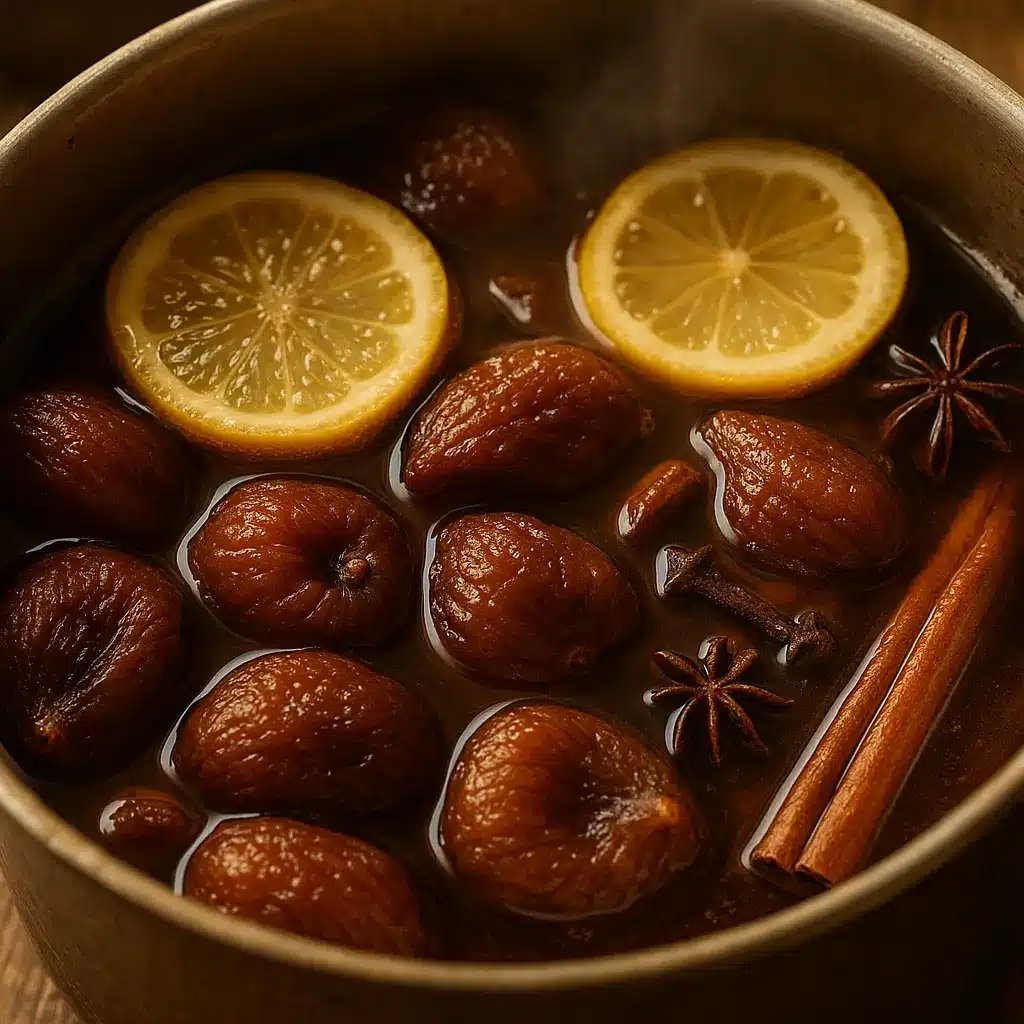 Dried figs simmering in citrus-spice syrup during cooking.