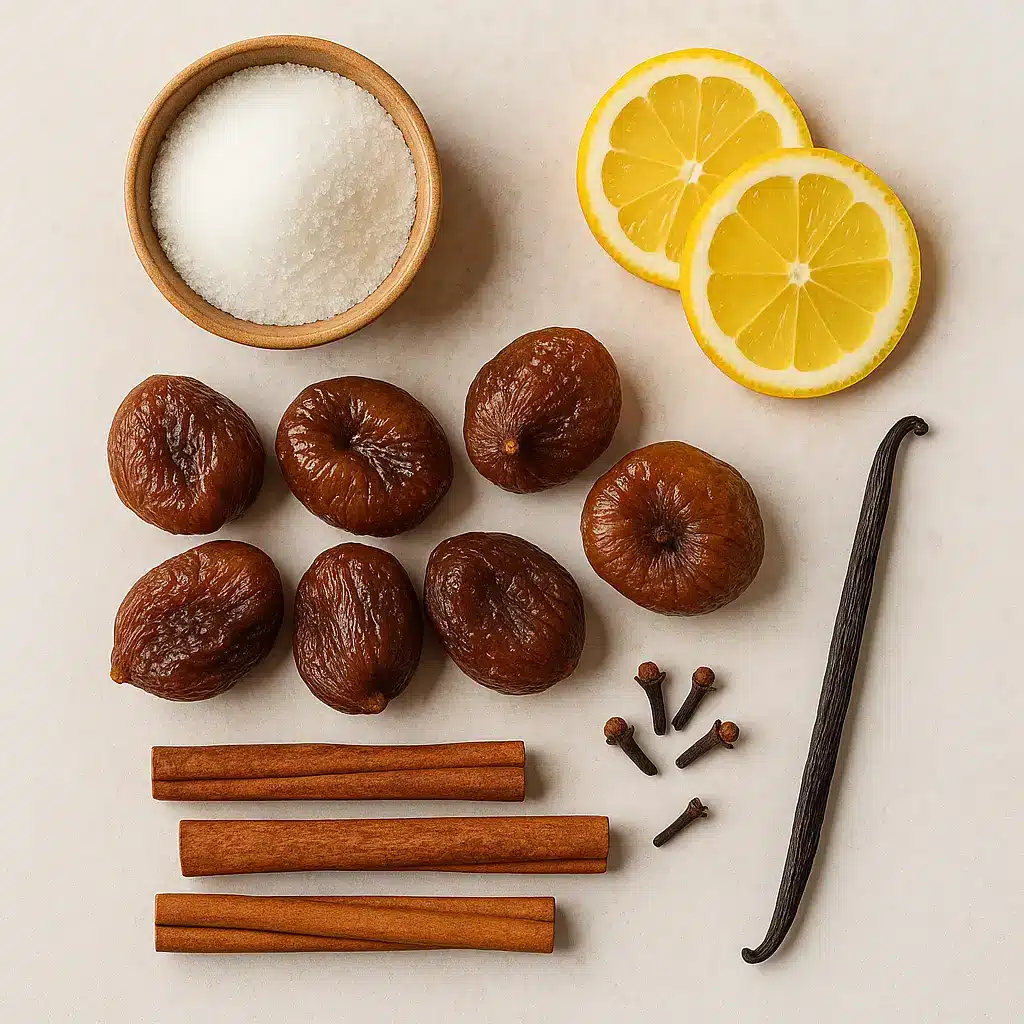 Ingredients arranged for making a candied dried figs recipe.