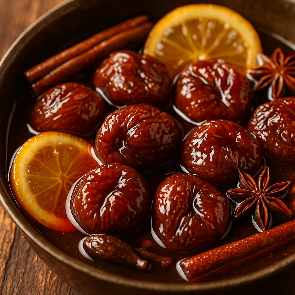 Glossy candied dried figs recipe coated in syrup with citrus and warm spices.