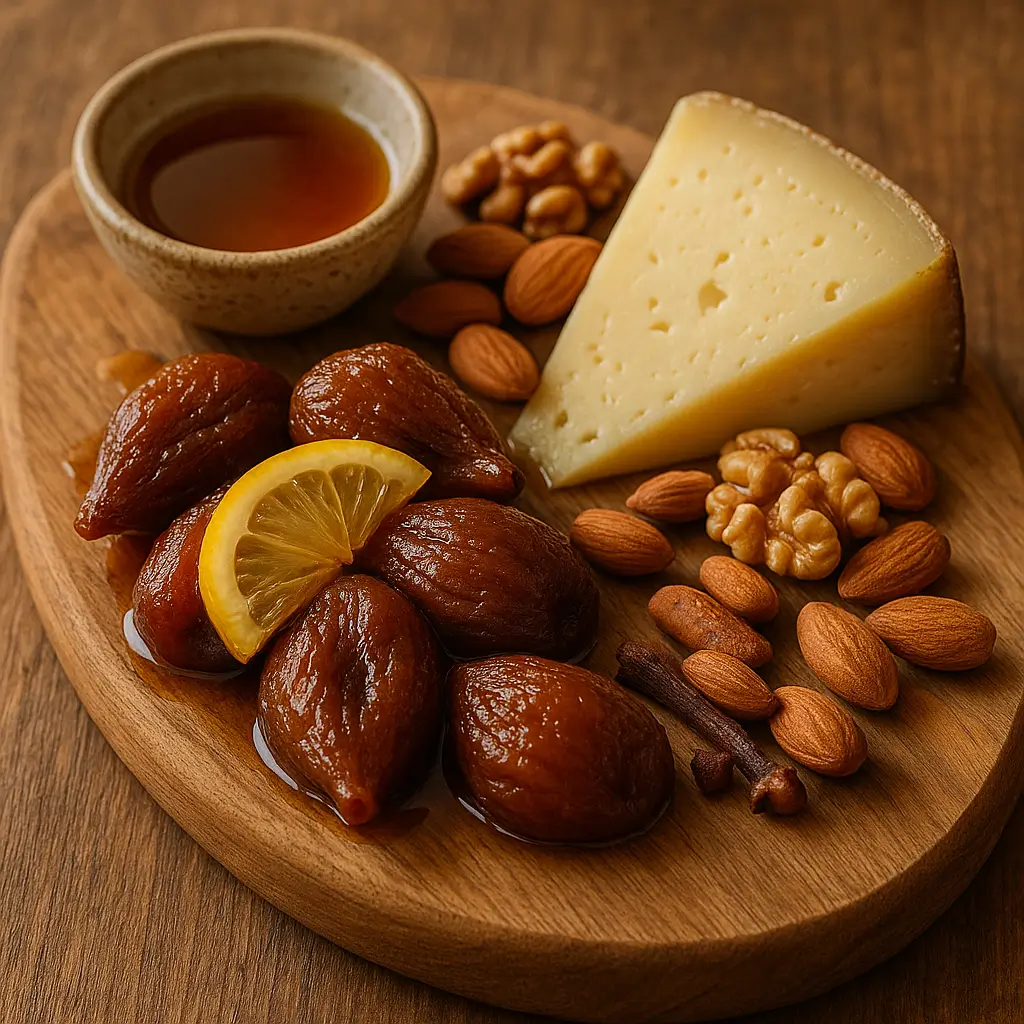 Candied dried figs served with cheese and nuts on a wooden board.