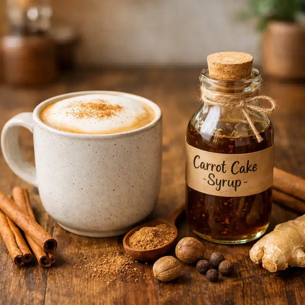Carrot cake syrup recipe for coffee in a homemade latte