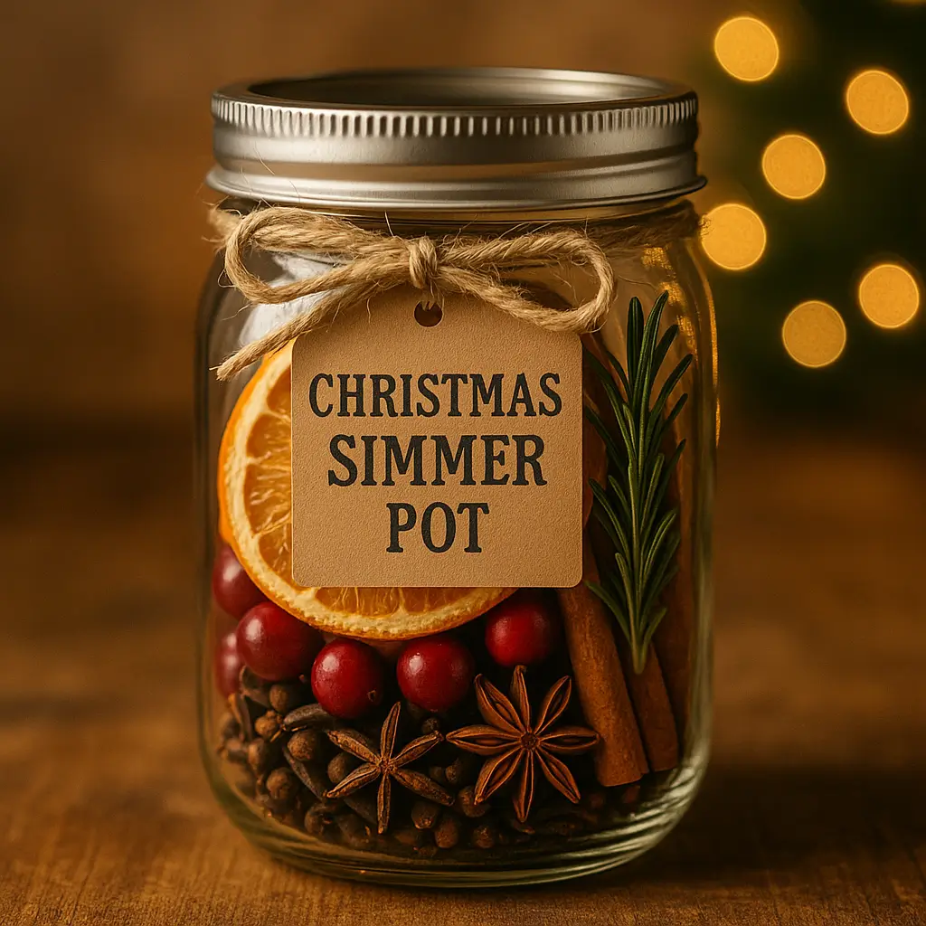 A handcrafted simmer pot gift jar filled with festive holiday ingredients.