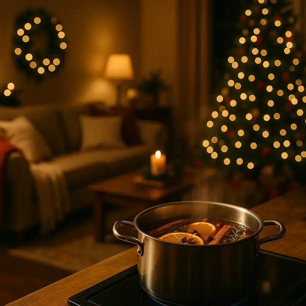 Cozy holiday home filled with fragrance from a Christmas simmer pot recipe.