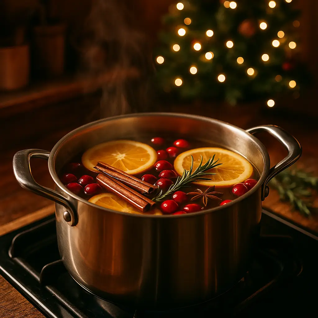 christmas simmer pot recipe simmering with oranges, cranberries, cinnamon, and herbs in a cozy holiday kitchen.