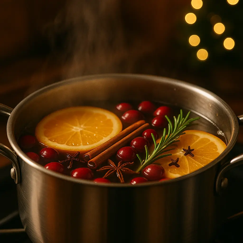 Christmas simmer pot recipe simmering on the stove with citrus and spices.