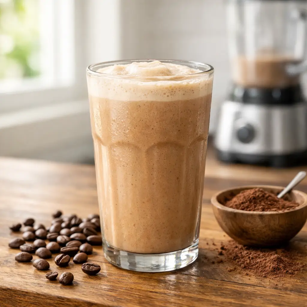Coffee Shakeology recipe blended with coffee and cocoa in a glass