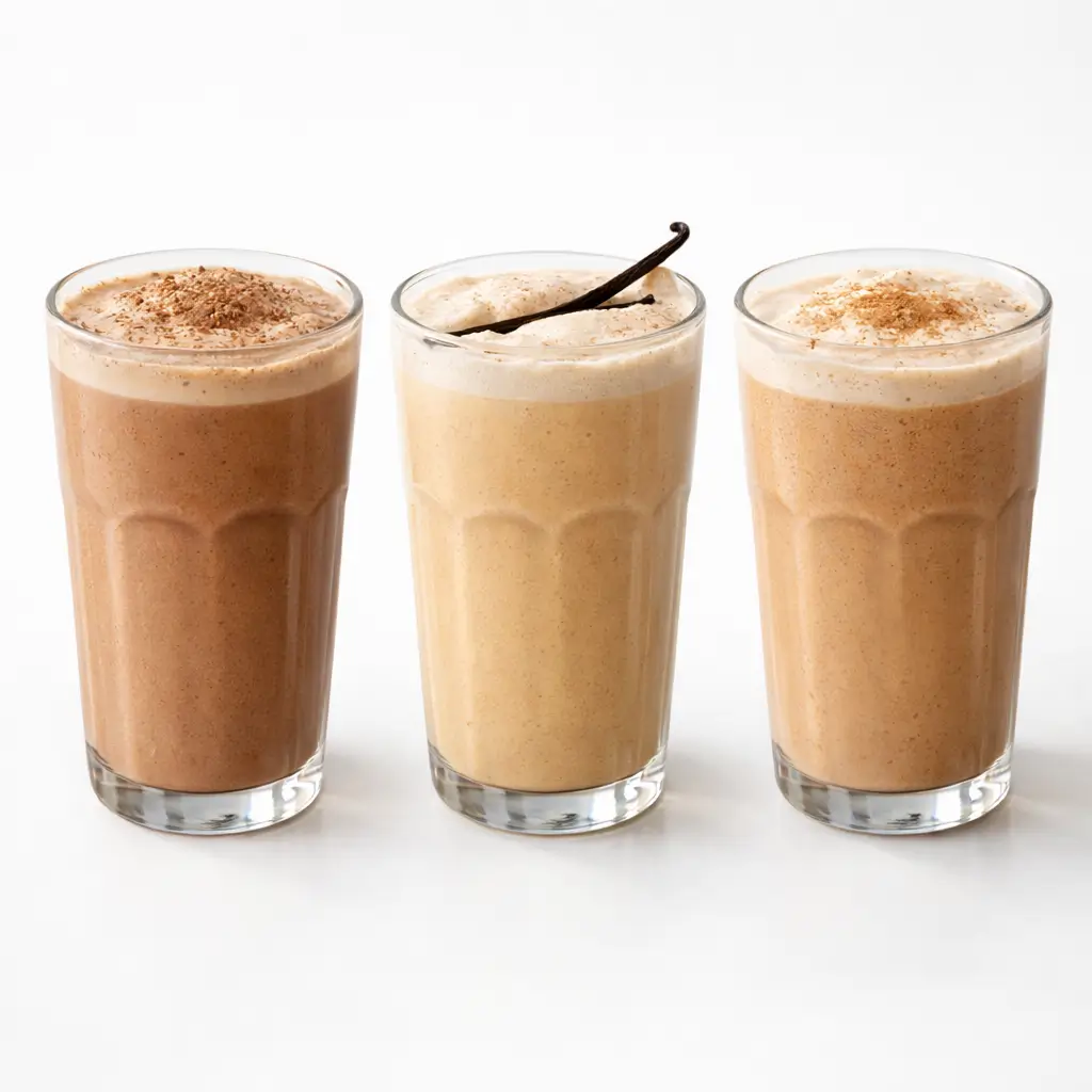 Different coffee Shakeology recipe flavor variations in glasses