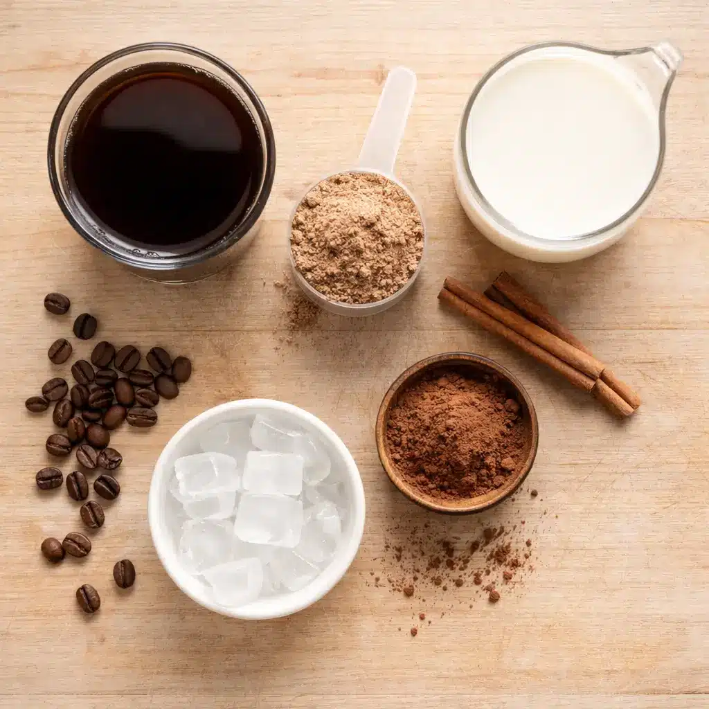 Ingredients used in coffee Shakeology recipes laid out on a table