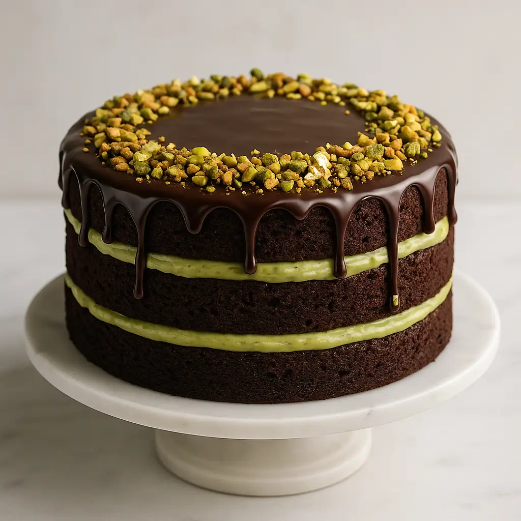 Dubai chocolate pistachio cake with chocolate drip and crushed pistachios on a cake stand.