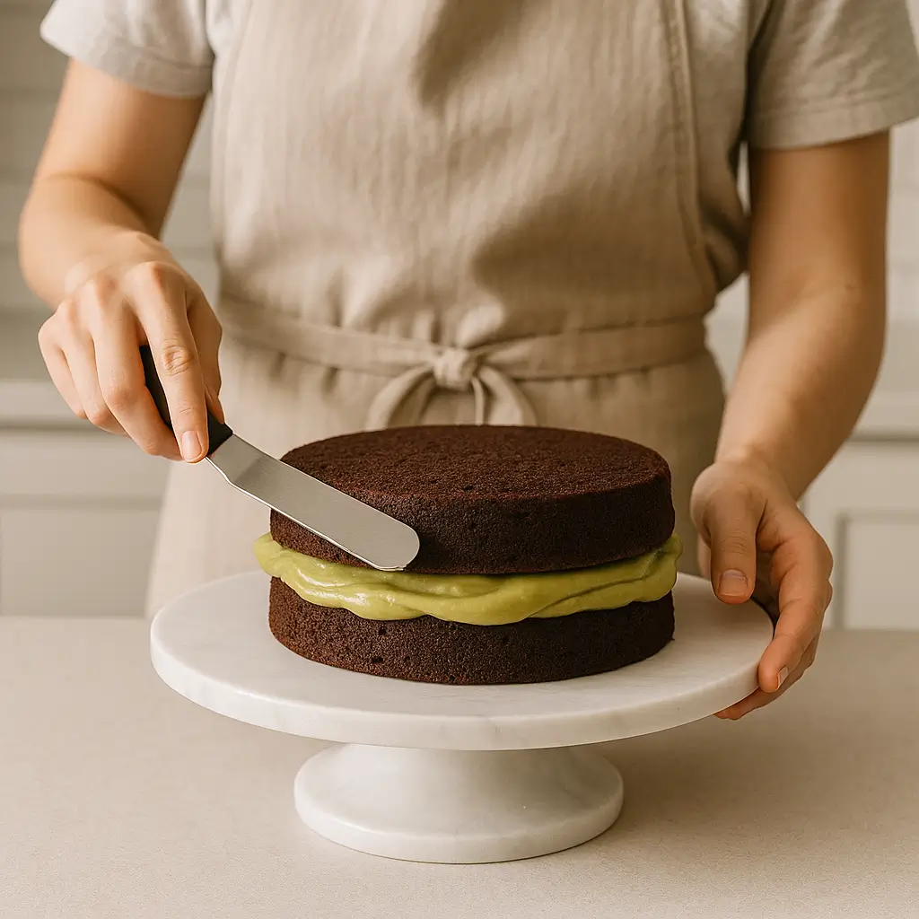 Baker adding pistachio cream between chocolate cake layers.