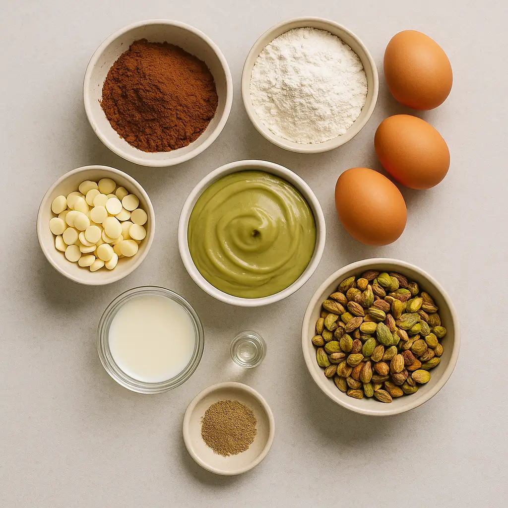 Ingredients laid out for making a dubai chocolate pistachio cake recipe.