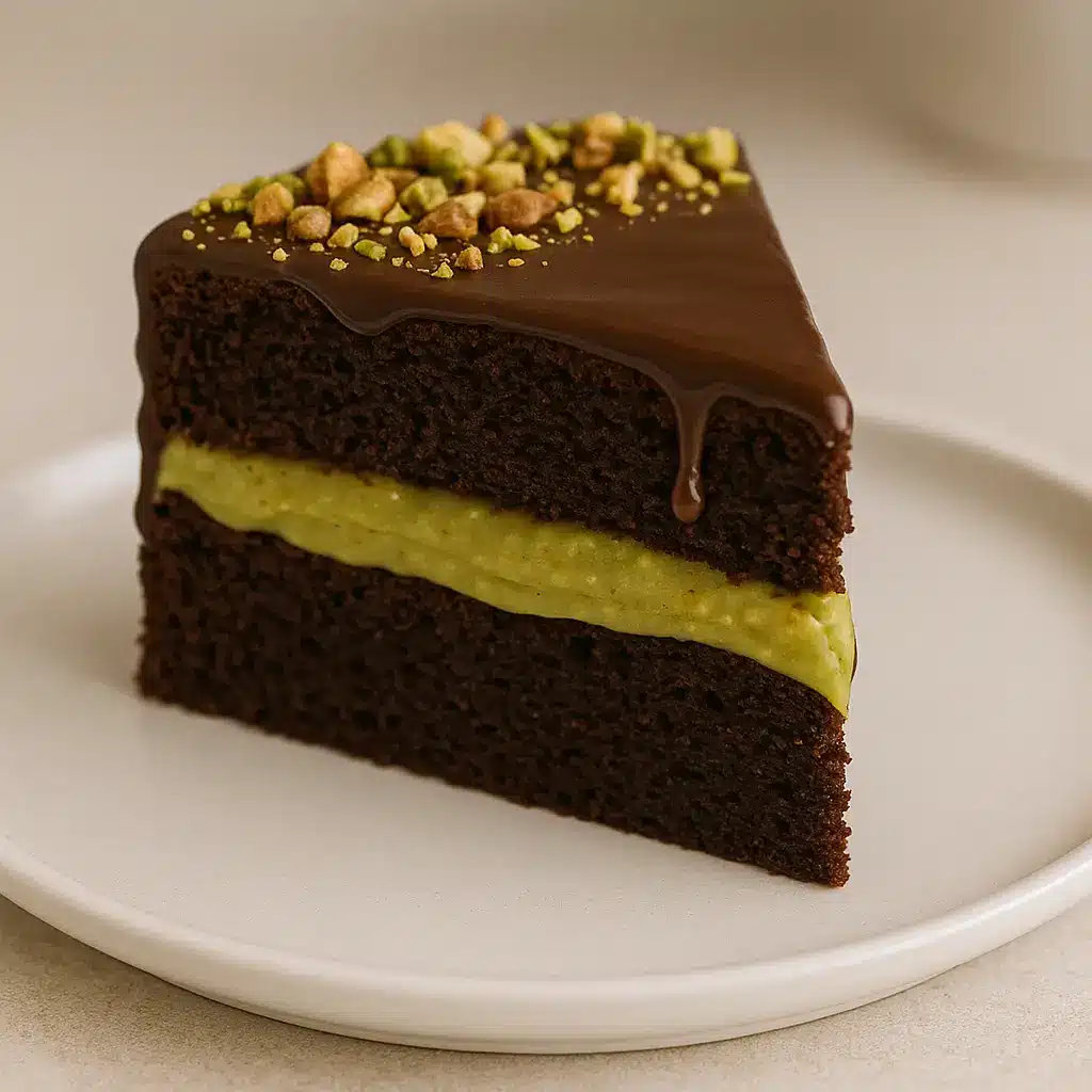 Close-up slice of Dubai chocolate pistachio cake showing layered chocolate and pistachio cream.