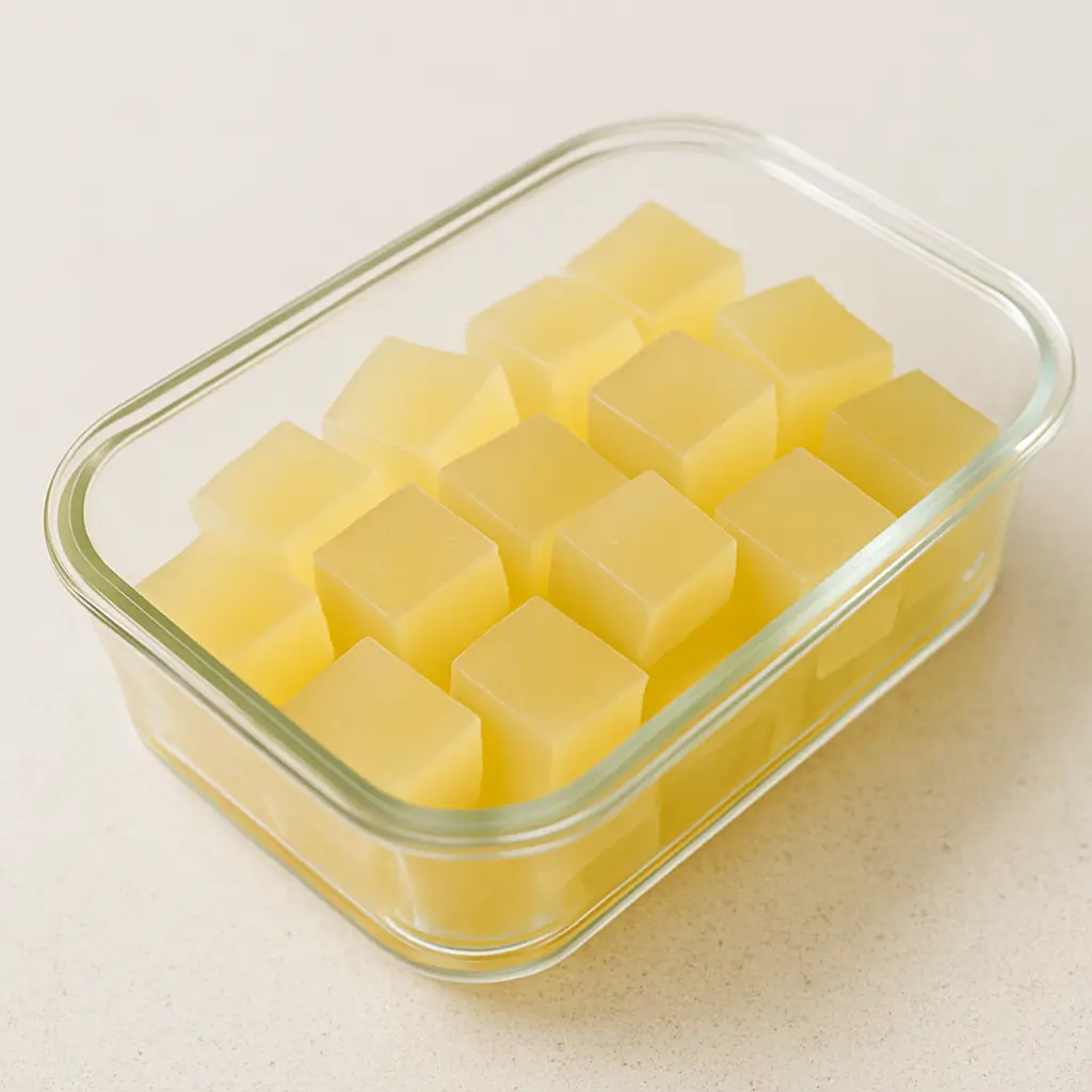 Fresh homemade gelatin cubes prepared as a low-calorie weight loss snack.