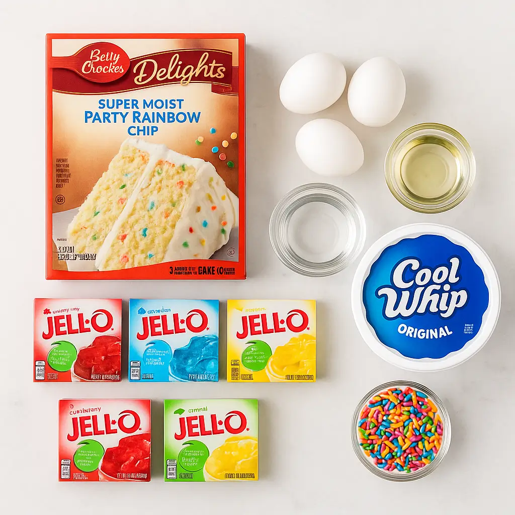 Ingredients for funfetti jello cake recipe arranged on a white marble surface.