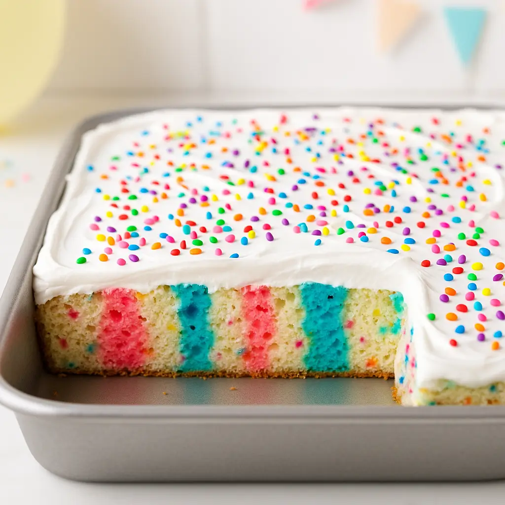 funfetti jello cake recipe with colorful Jello stripes and whipped topping frosting on a white kitchen counter.