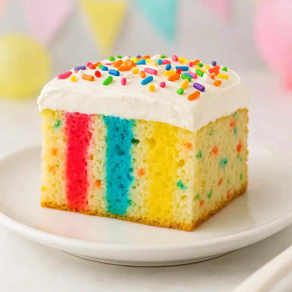 Slice of Funfetti Jello cake showing colorful Jello layers and whipped topping.