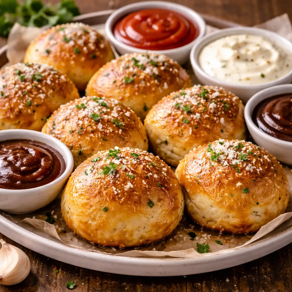 Garlic parmesan cheeseburger bombs served with dipping sauces