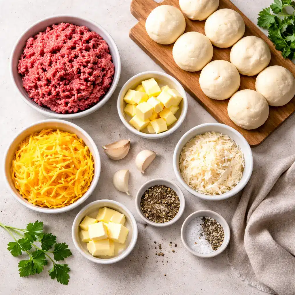 Ingredients for garlic parmesan cheeseburger bombs laid out on countertop