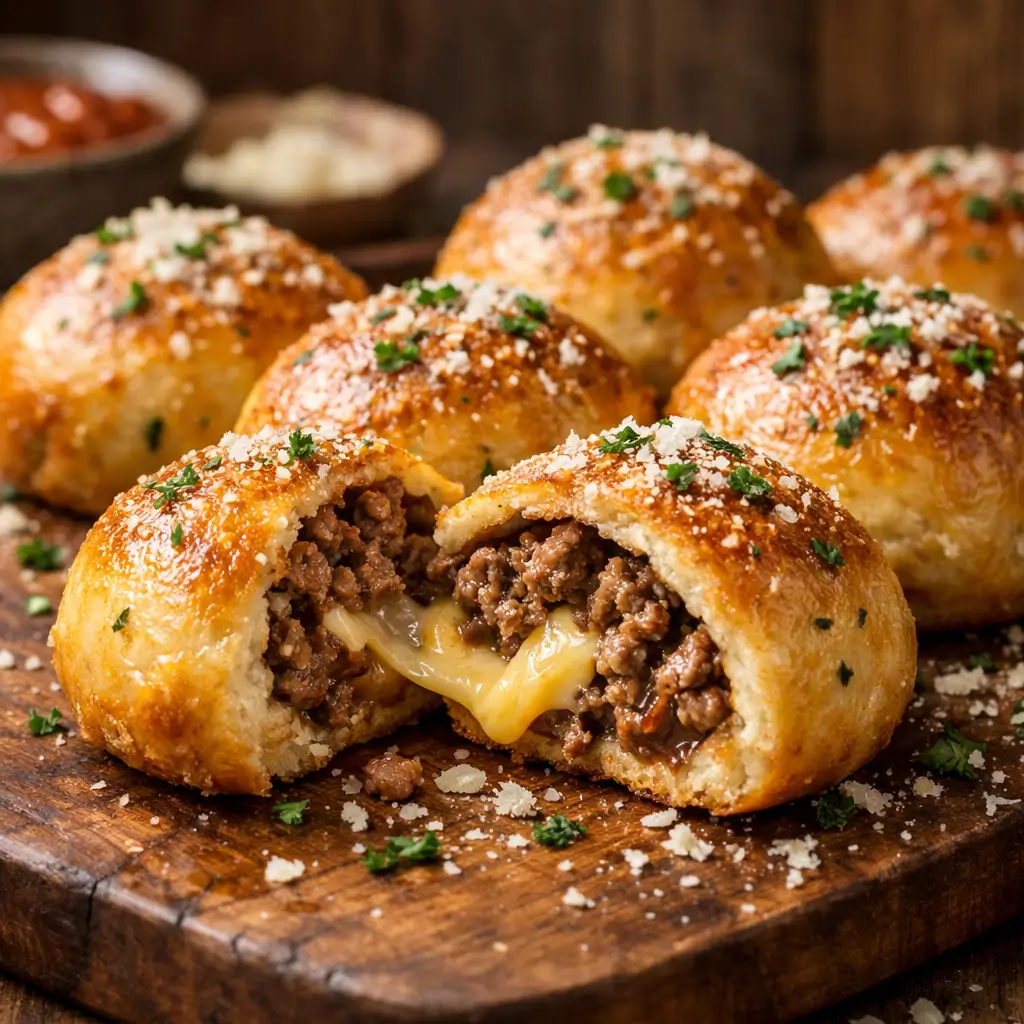 Garlic parmesan cheeseburger bombs with melted cheese and golden crust