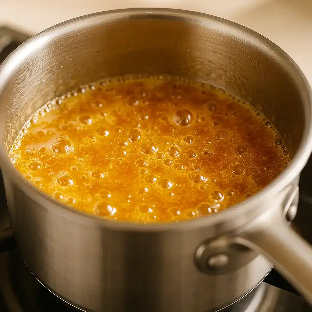 Golden sugar and honey syrup cooking in a what is the best sesame peanut chewy candy recipe.