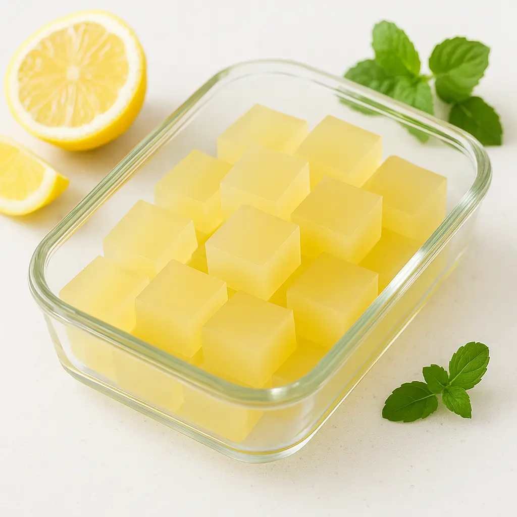 Homemade gelatin cubes displayed in a glass dish as a low-calorie weight loss recipe.