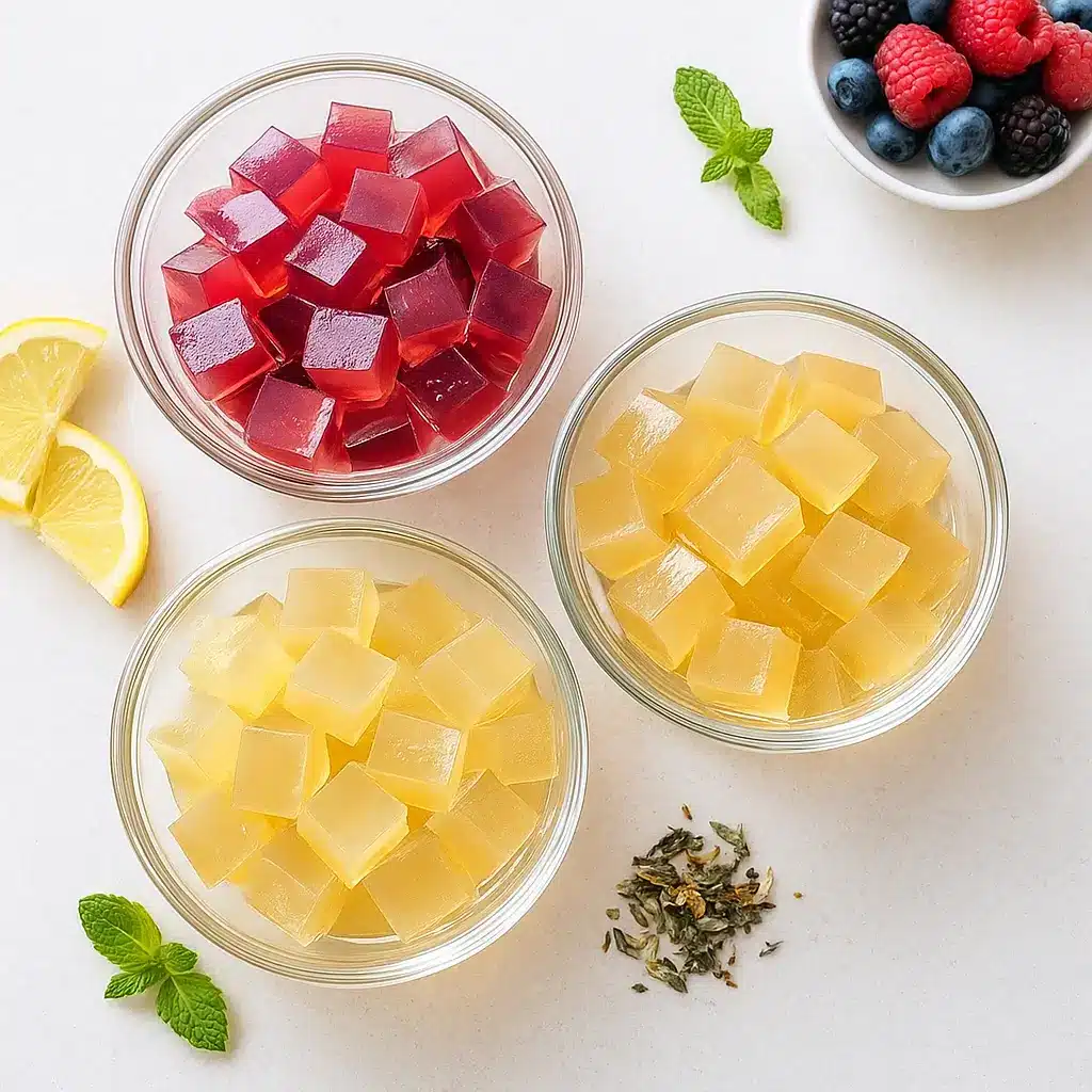 Different variations of homemade gelatin for weight loss including citrus, berry, and herbal tea flavors.