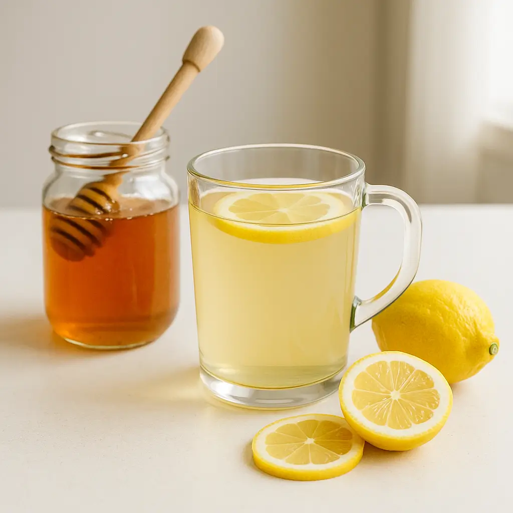 “Warm lemon honey drink with raw honey and lemon slices prepared for the honey trick recipe.”