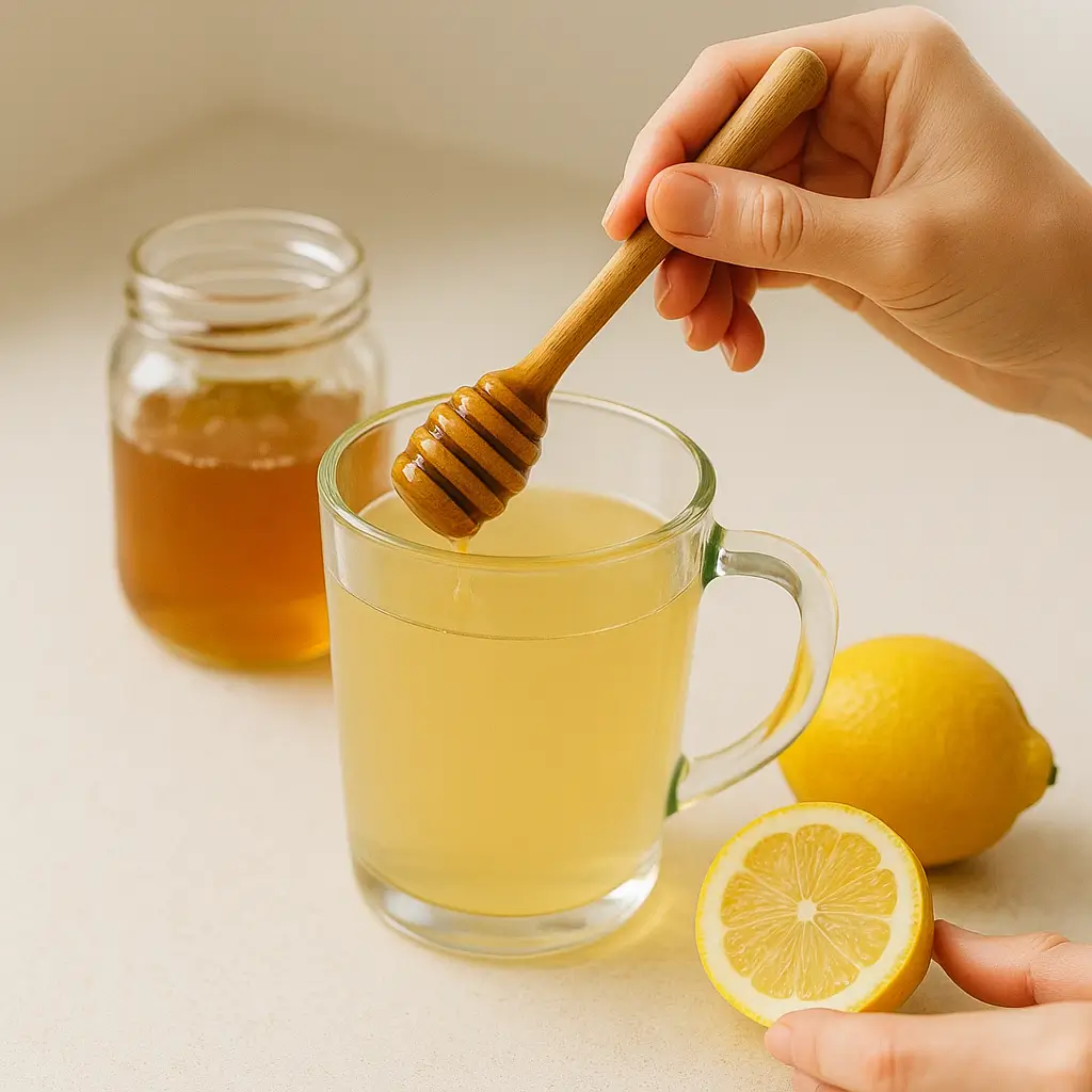 Person stirring raw honey into warm water while preparing the honey trick recipe.