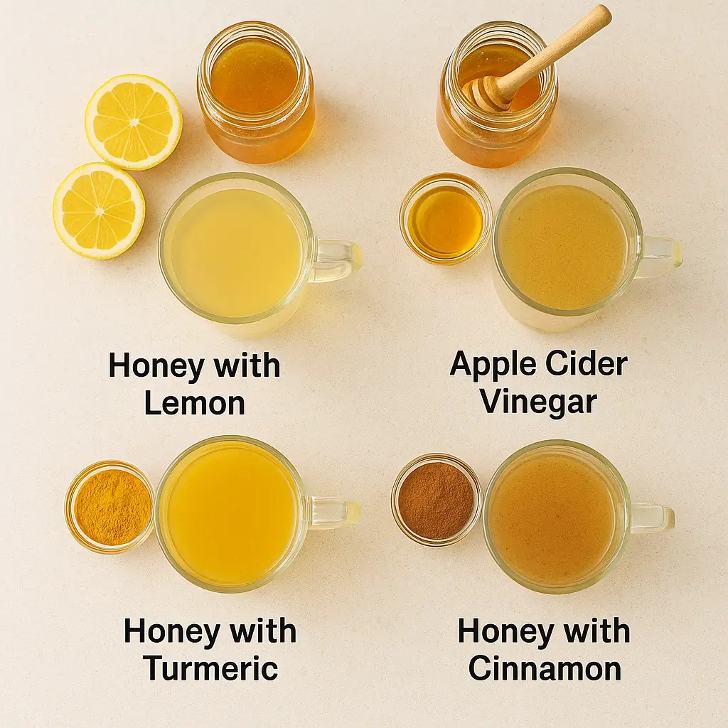 Four variations of the what is the honey trick recipe including lemon, ACV, turmeric, and cinnamon versions.