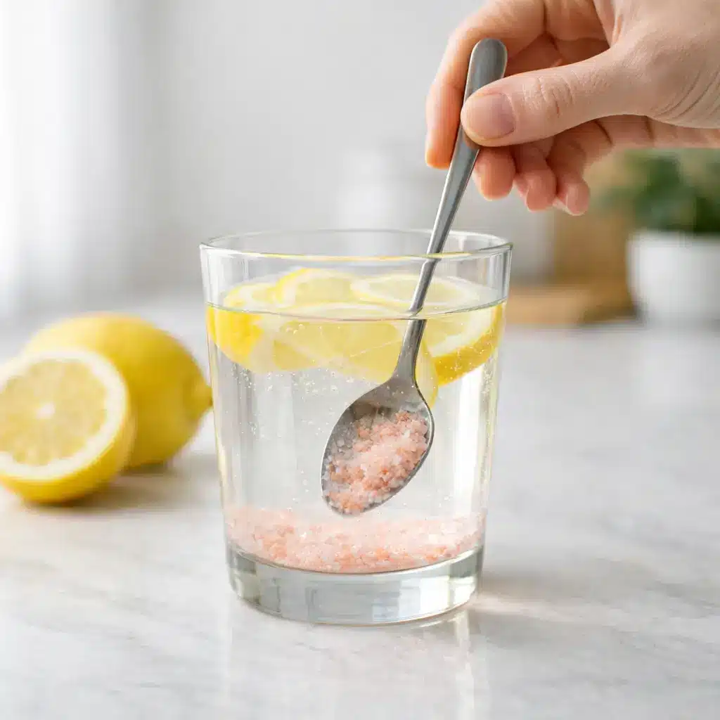 Mixing pink Himalayan salt and lemon into water