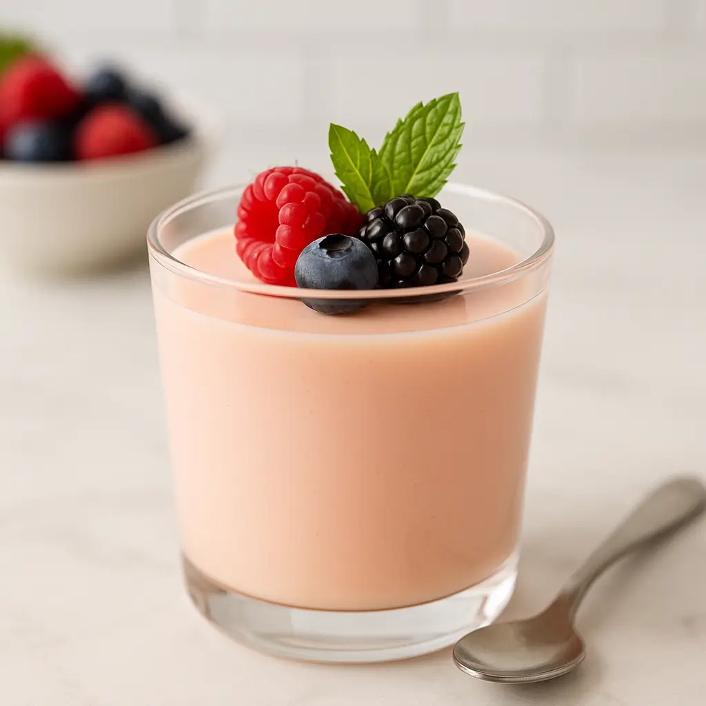 Jello with almond milk in a glass cup, creamy dairy-free dessert