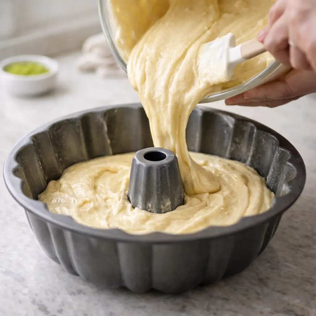 key lime sour cream pound cake recipe batter in bundt pan