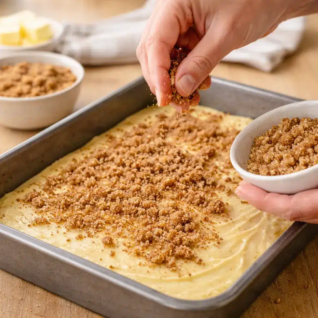 adding cinnamon crumb topping to lausd coffee cake recipe before baking