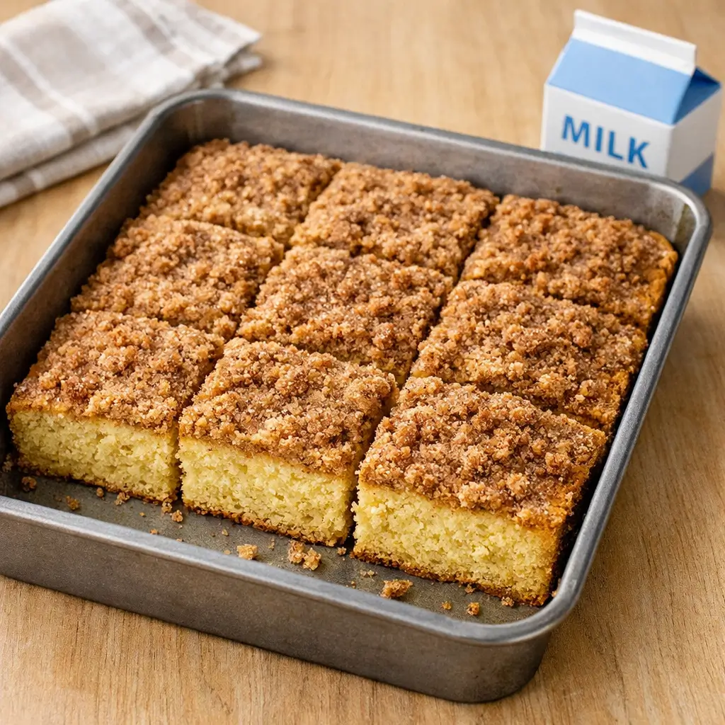 lausd coffee cake recipe baked with cinnamon crumb topping in square slices