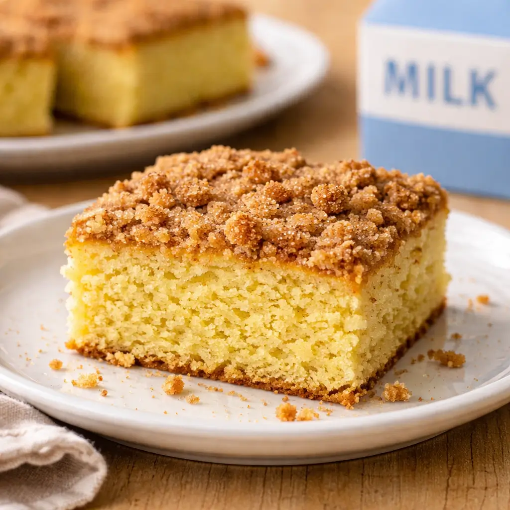 slice of lausd coffee cake recipe showing soft crumb and cinnamon topping