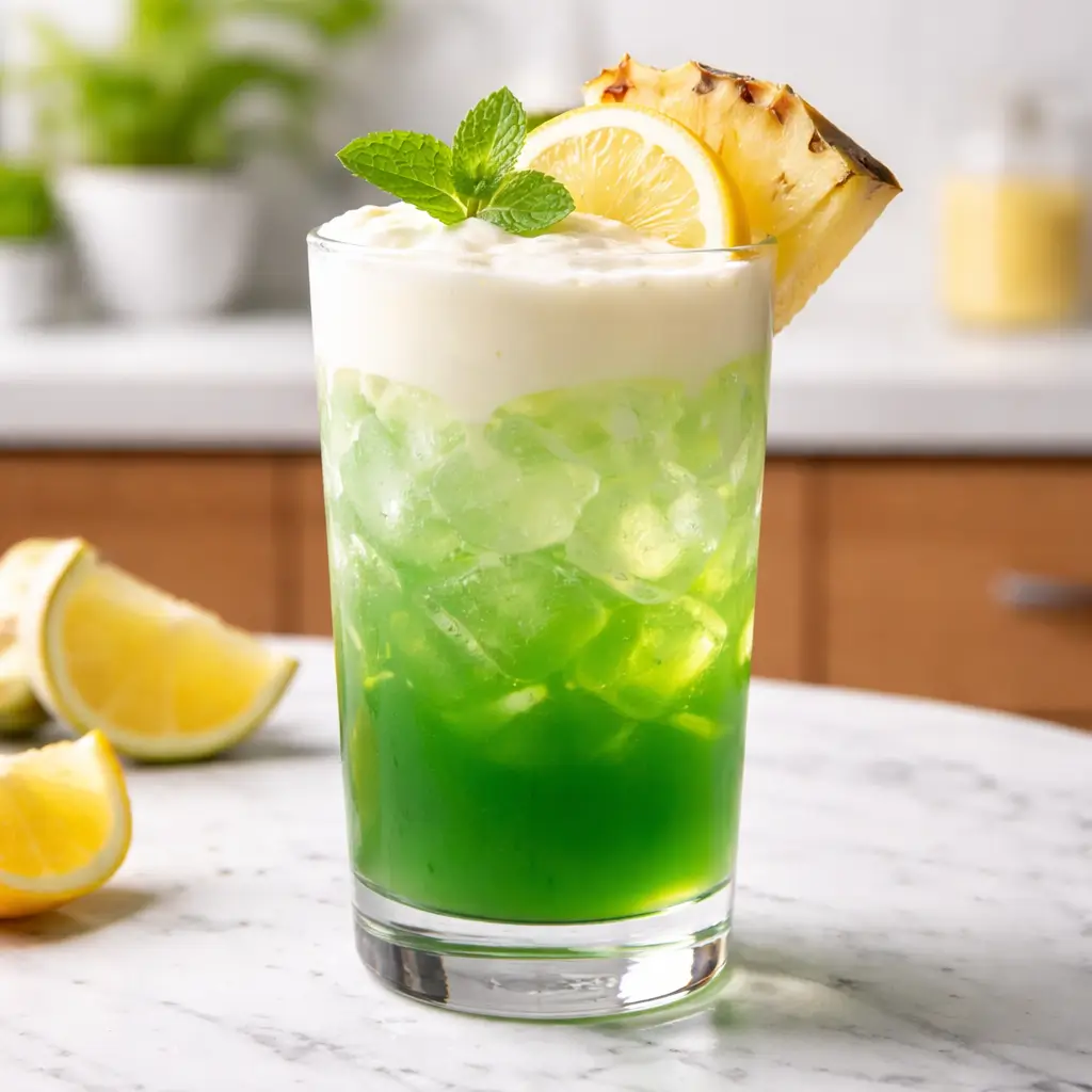Liquid maria juana drink ingredients layered green mocktail in a clear glass
