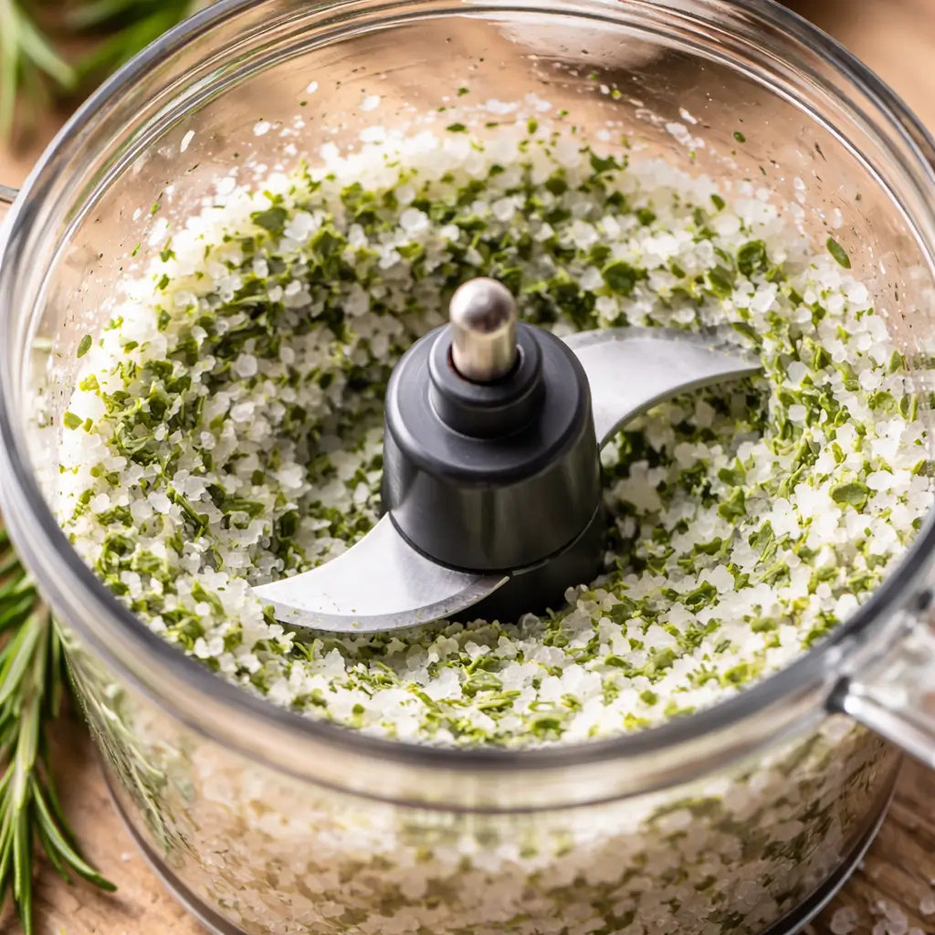 Making a rosemary salt recipe in a food processor