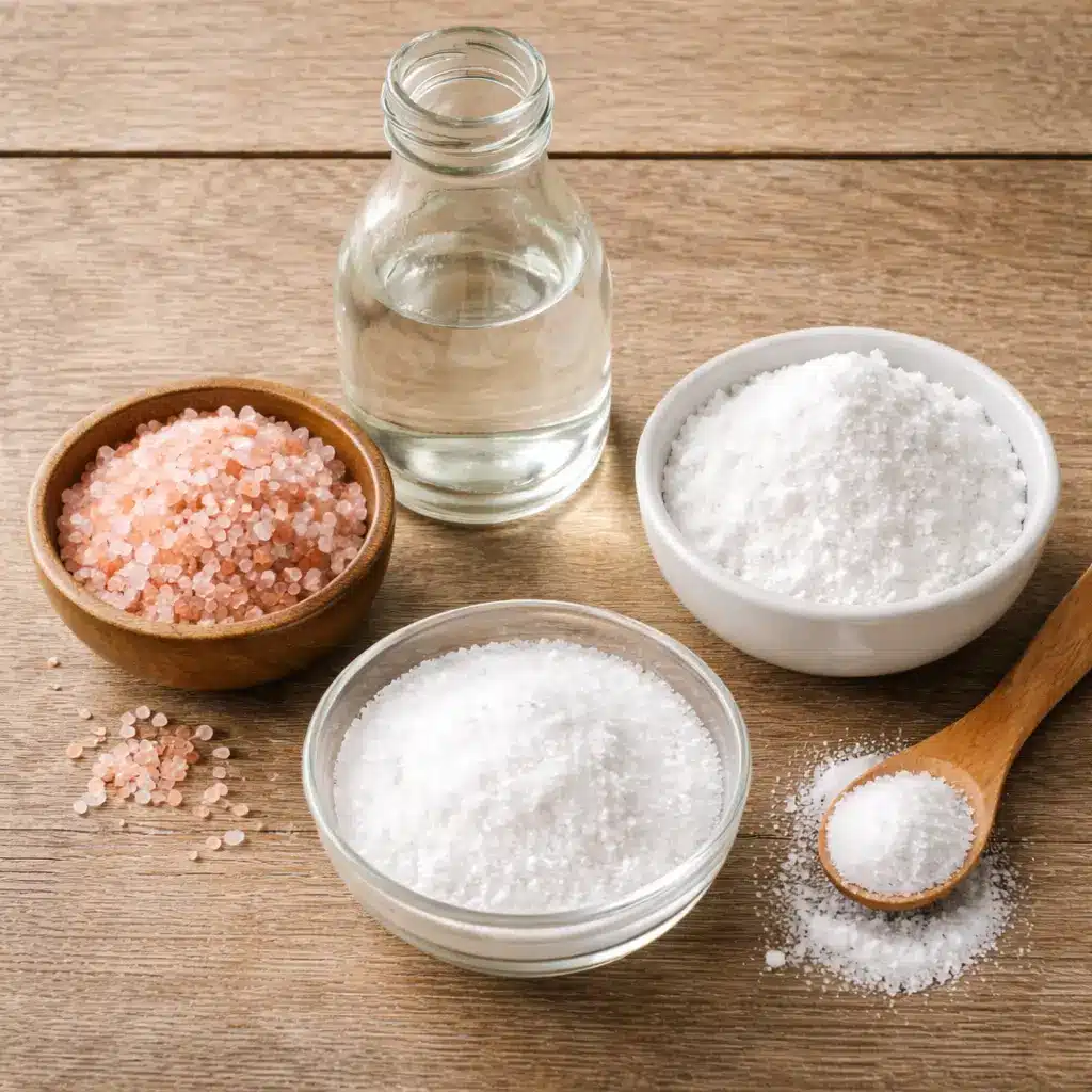 pink Himalayan salt baking soda and vinegar ingredients