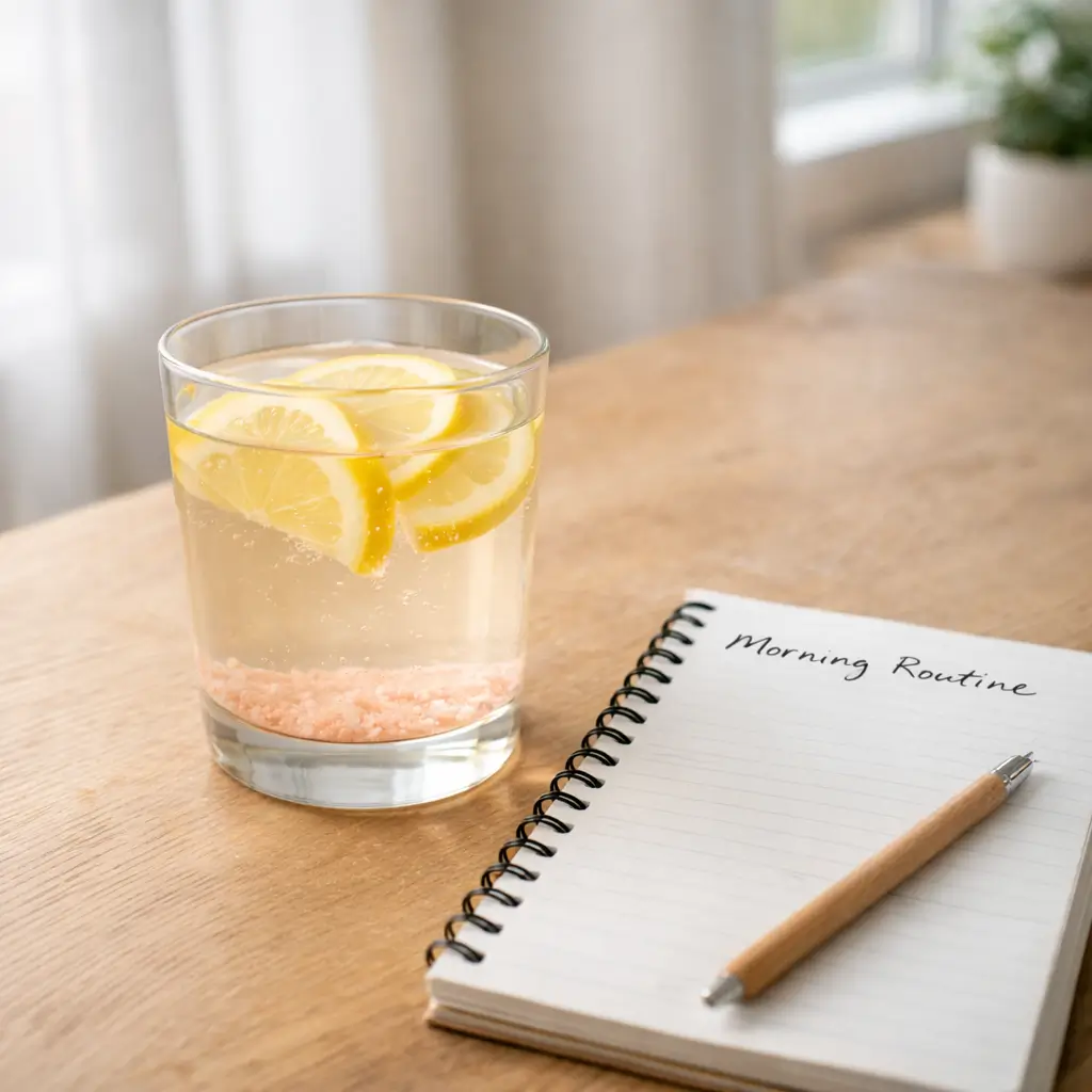 Pink salt drink as part of a morning wellness routine
