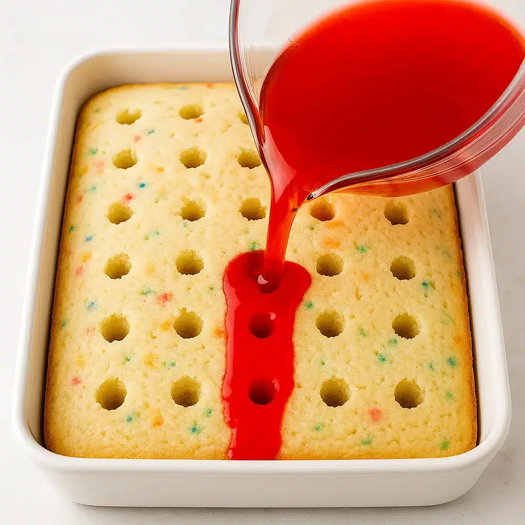 Pouring liquid Jello into poke holes on a freshly baked Funfetti cake.