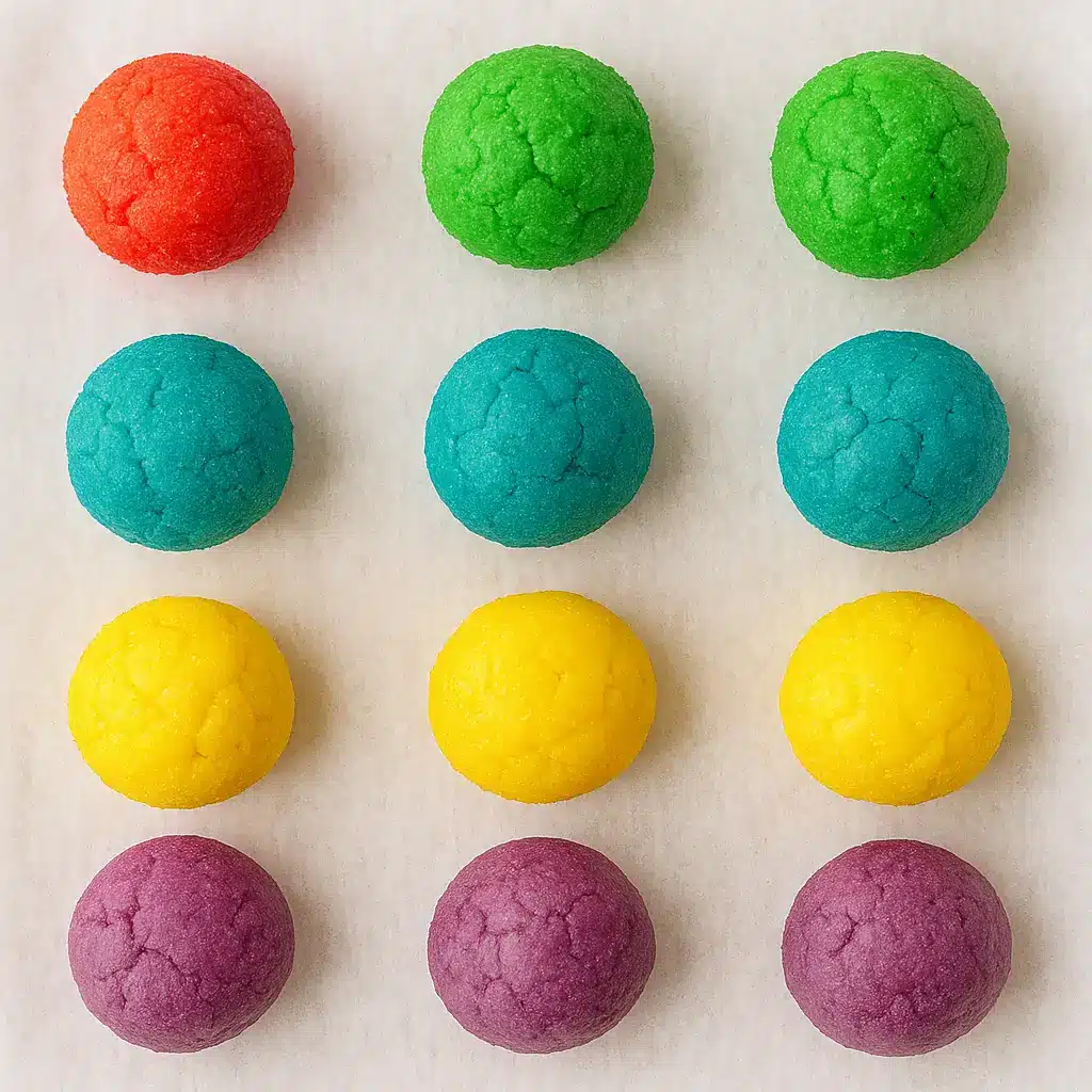 Jello-colored cookie dough balls prepared for baking rainbow sugar cookies.