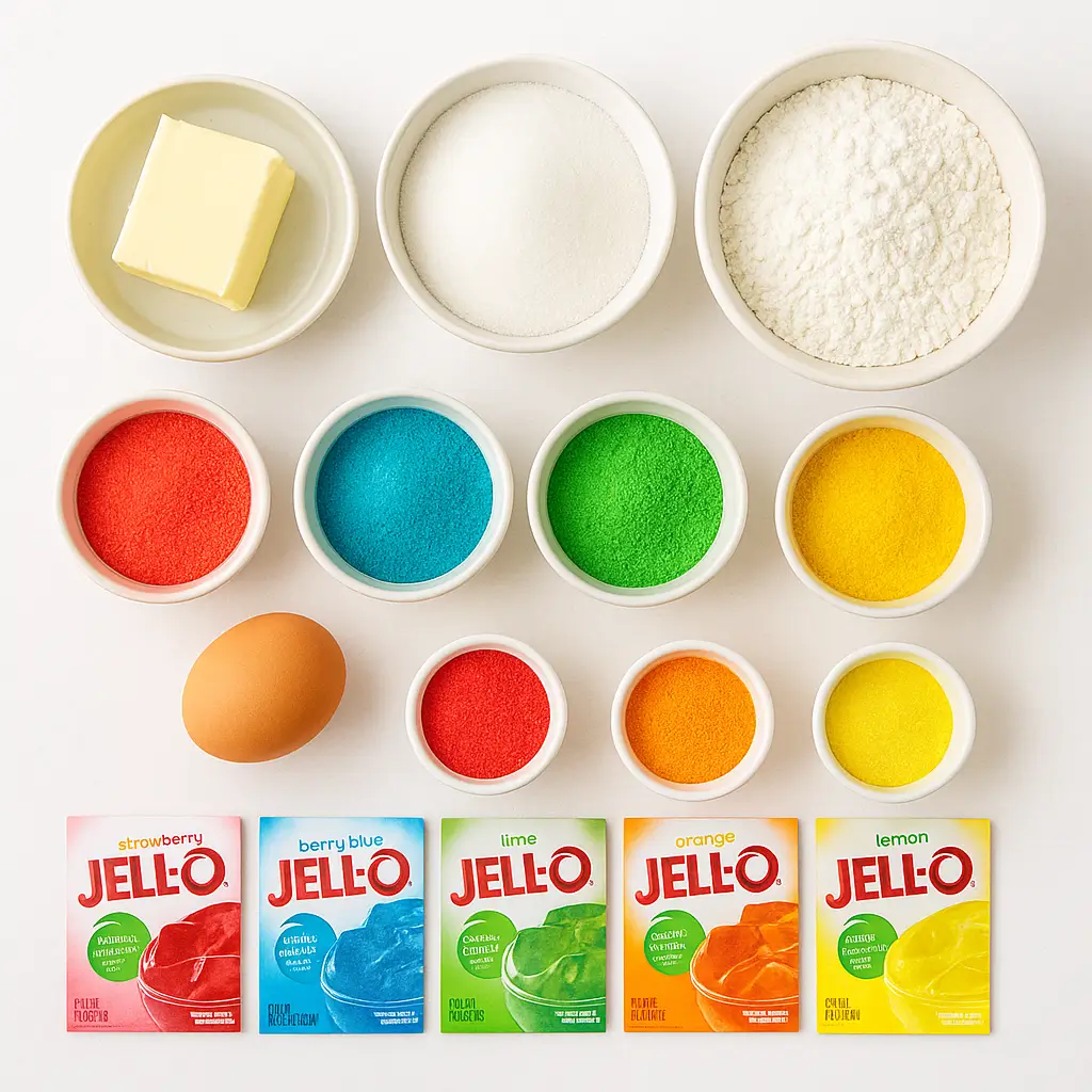 Ingredients for rainbow jello sugar cookies recipe​, including Jello packets and baking essentials.