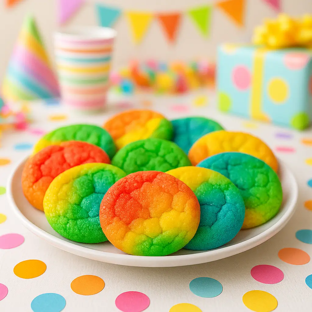 Rainbow Jello sugar cookies displayed on a colorful party table.