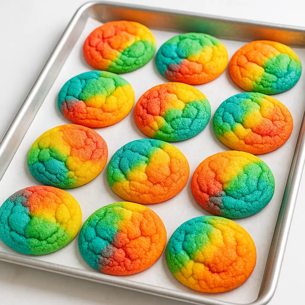 rainbow jello sugar cookies recipe​ with bright, colorful Jello tones arranged on a baking tray.