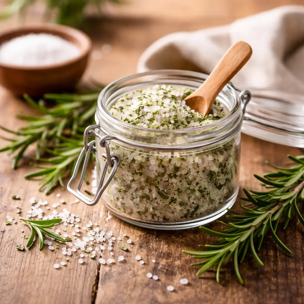 Rosemary salt recipe made with fresh rosemary and coarse sea salt