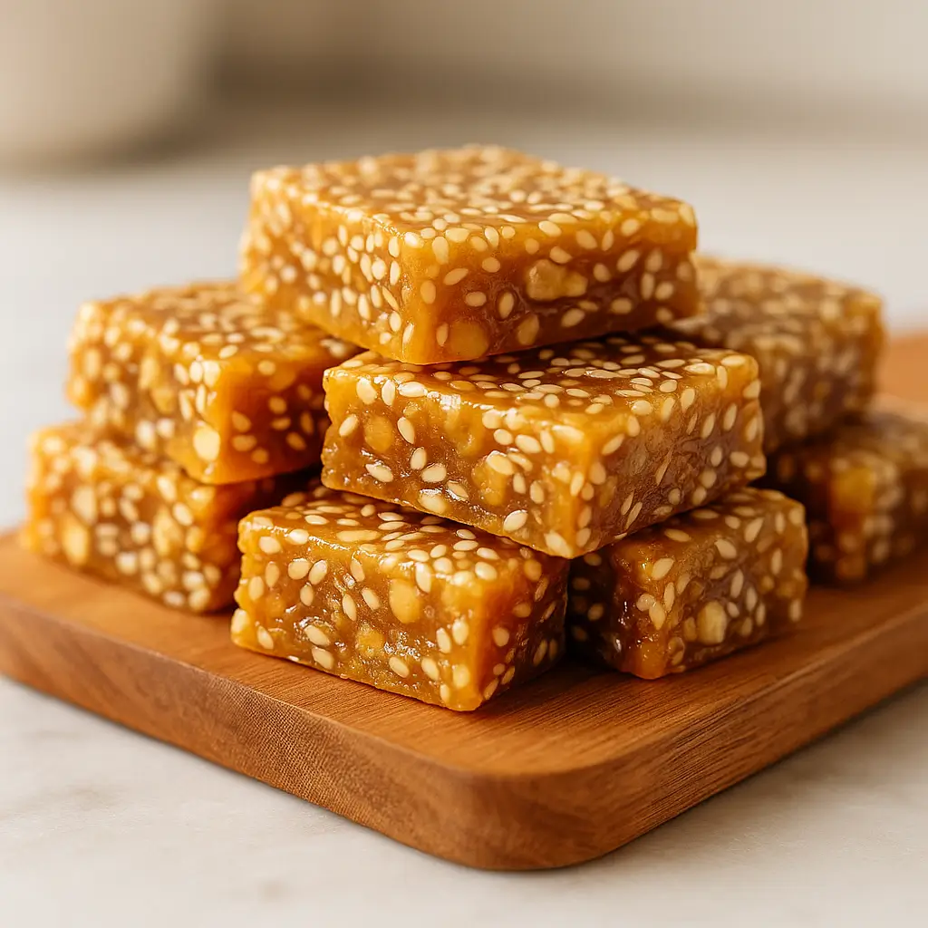 Finished sesame peanut chewy candy squares stacked on a wooden board.
