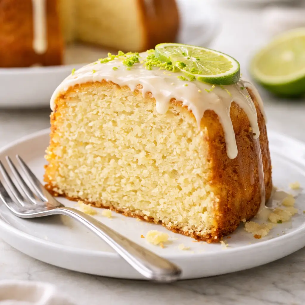 sliced key lime sour cream pound cake showing moist texture