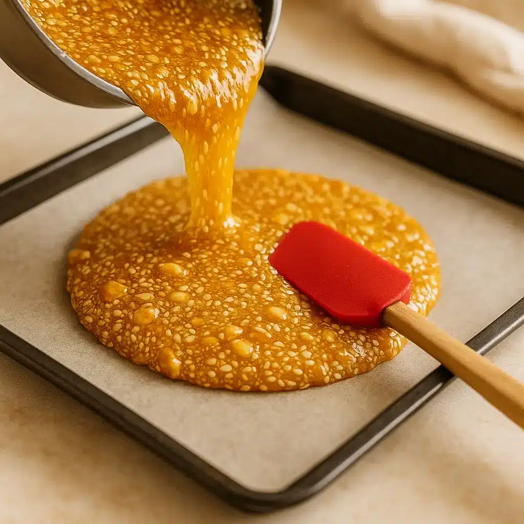Spreading hot sesame peanut candy mixture onto parchment paper.